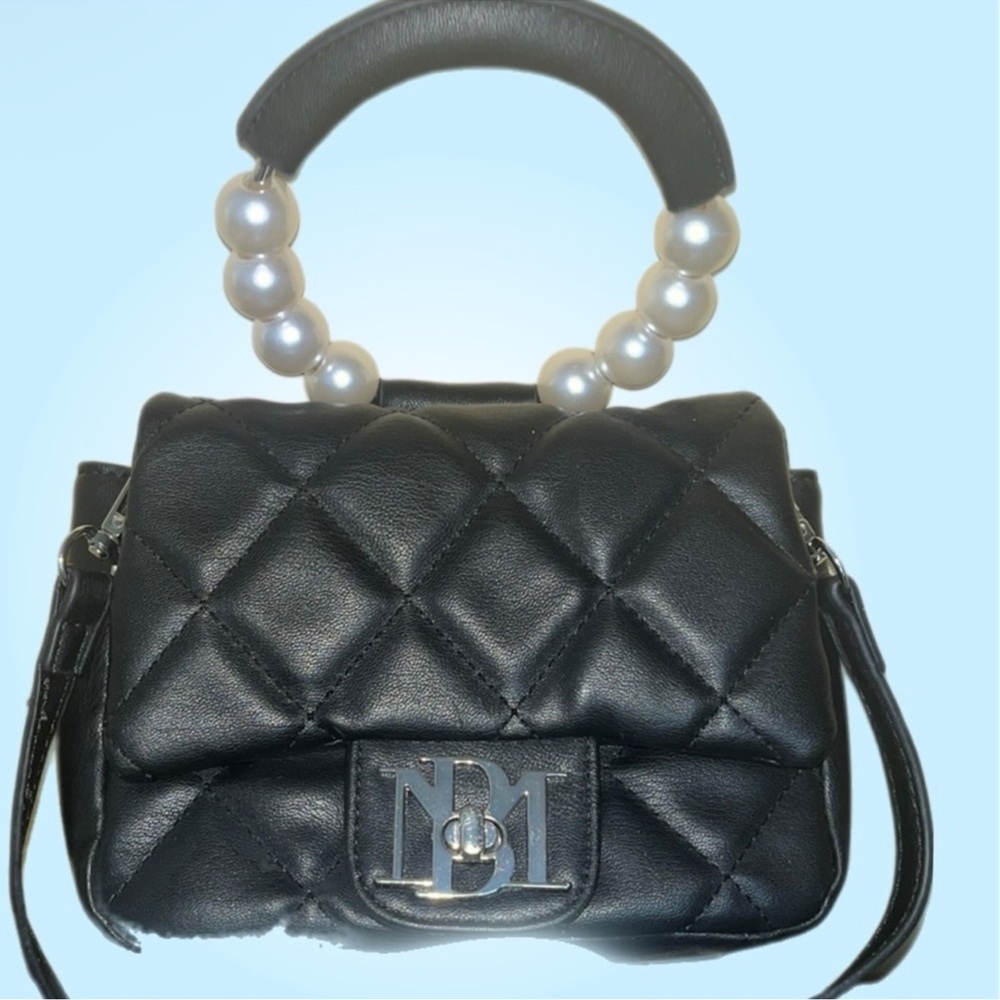 Badgley Mischka/Vegan Leather Clutch Bag Pearl Handle Black Crossbody Purse - Picture 9 of 9